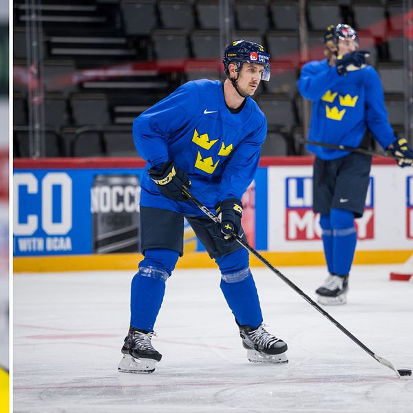 Delad bild. Till vänster: hockeyspelare i gult. Till höger: landslagsspelare på isen i blått.