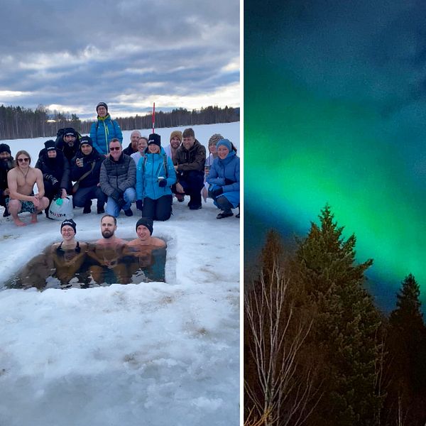 Skotrar uppställda på rad i Sollefteå. Personer som badar isvak och ett grönt norrsken på himlen.