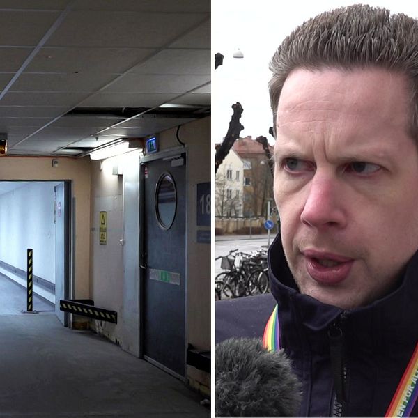 En delad bild som visar två sektioner. Den vänstra sektionen visar en lång, smal korridor med en ljus takbelysning och öppning i slutet, omgiven av väggar i ljusa färger. Den högra sektionen visar en person som står framför en stadsmiljö, klädd i en mörk jacka med en medalj i regnbågsfärger hängande om halsen.