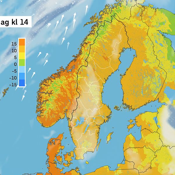 Väderkarta som visar väder i Sverige – prognos för i dag och kommande dagar.