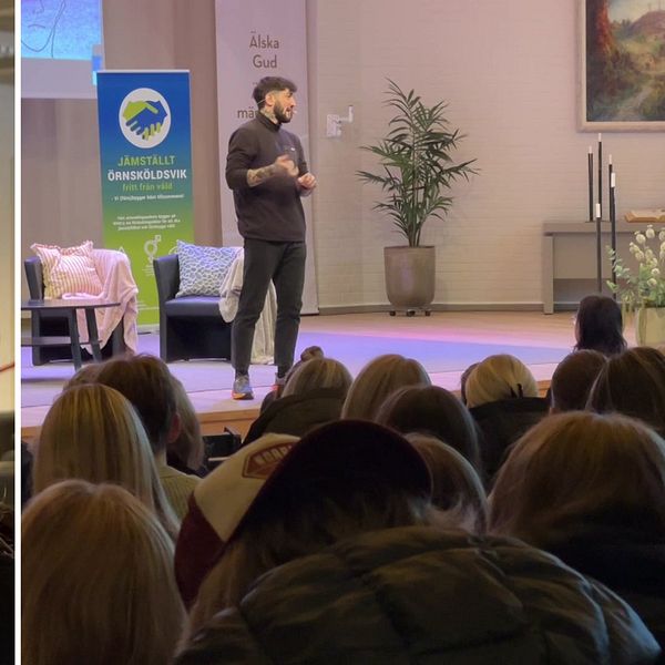 Atilla Yoldaș står på scenen framför gymnasieelever när han föreläser om machokultur.