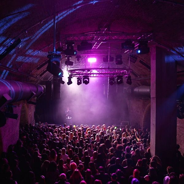 Konsertlokal med tätt packad publik, scenen är upplyst i rosa ljus.