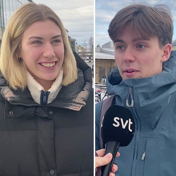 Tre personer intervjuas utomhus, klädda i vårjackor. Den första personen bär en orange tröja, den andra en svart jacka med en vit krage, och den tredje en grå jacka. Samtliga håller mikrofoner med SVT:s logotyp. I bakgrunden syns cyklar och byggnader under en klar himmel.