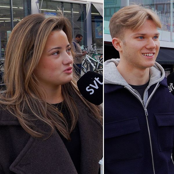 Tredelad bild. Tre personer intervjuas av SVT-mikrofoner på olika platser utomhus.