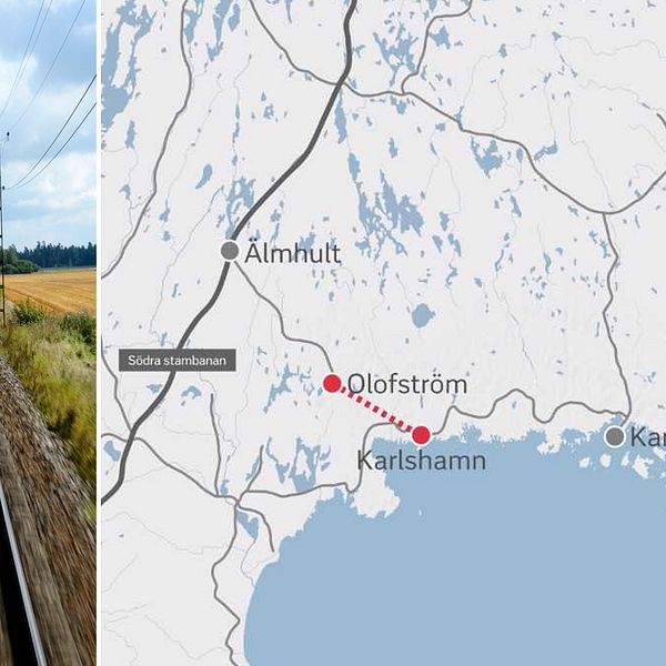 Ett järnvägsspår och en karta över Sydostlänkens sträckning