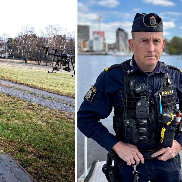 Delad bild. Till vänster: polis styr drönare utomhus. Till höger: polis står vid vattnet i Västerås.