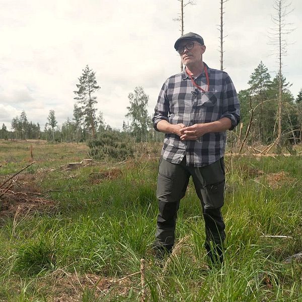 Bilden föreställer en man som står i skogen.