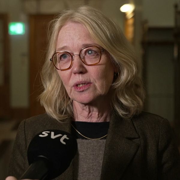 Anna Gezelius intervjuas av SVT i en korridor om resurser för minoritetsspråk.