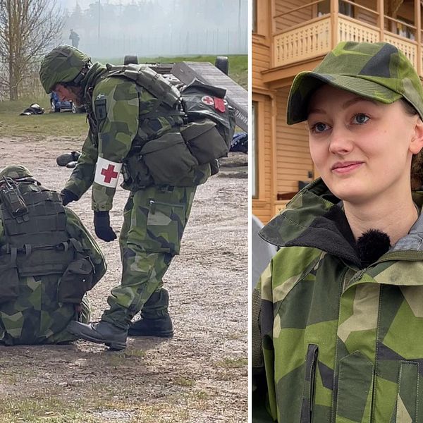 Hemvärnssoldaten Anna Lund och militära sjukvårdare.
