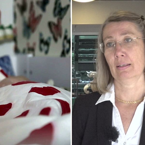 En bild på ett tyngdtäcke med röda hjärtan på och en bild på Ingrid Larsson, docent i omvårdnad vid Högskolan i Halmstad.