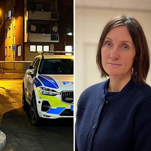 Två bilder. Ena på polisbilar och avspärrning den andra på åklagare Jenny Örn.
