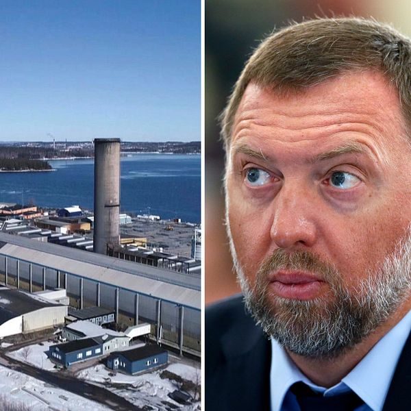 Till vänster: Vy över industrin Kubal i Sundsvall. Till höger: Ryska oligarken Oleg Deripaska, man i medelåldern.