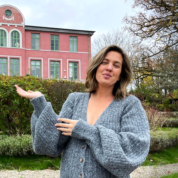 En person står framför en stor, rosa byggnad med flera fönster och en rund kupol på taket. I förgrunden finns en grönskande trädgård med buskar och stigar i grus. Himlen är grå och molnig, vilket ger en dramatisk bakgrund till scenen. Personen gestikulerar med ena handen åt byggnaden.