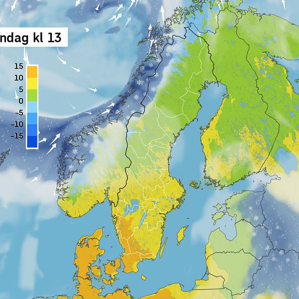 Väderkarta som visar väder i Sverige – prognos för i dag och kommande dagar.