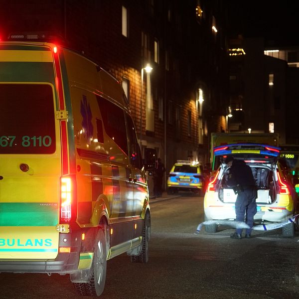 En ambulans står parkerad på en mörk gata, med ljusen tända. En person syns i närheten av ambulansens baklucka, vilket tyder på en pågående situation. Bakom ambulansen syns en annan bil, kanske i färd med att assistera. Gatan är svagt upplyst av omgivande byggnader.
