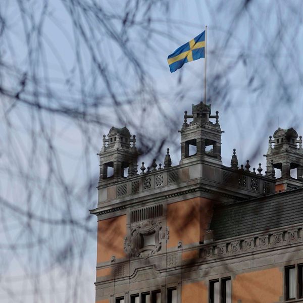 Svensk flagga vajar på taket av en äldre byggnad, grenar syns suddigt i förgrunden.