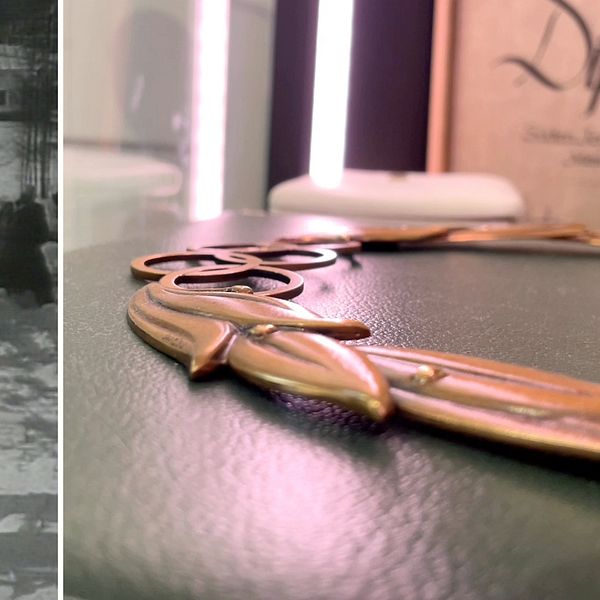 Sixten Jernberg på skidor och hans unika OS-halsband från museet i Limedsforsen.