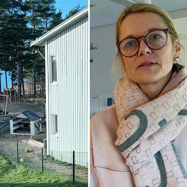 En delad bild som visar två scener. Den vänstra sektionen visar en lekplats med rutschkanor och gungor omgiven av träd och med utsikt över vattnet. Den högra sektionen visar en person klädd i en ljus scarf med ett monogrammönster, som står inomhus.