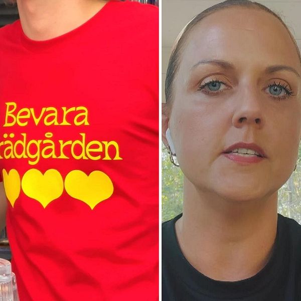 Leo Vene i röd ”Bevara Trädgården”-tröja i samband med debatten om Trädgården.