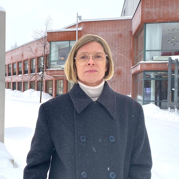 En person står framför en skylt för Luleå tekniska universitet, omgiven av snö, med universitetsbyggnader i bakgrunden.