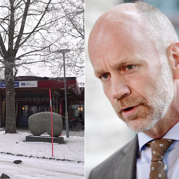 Delad bild. Fasaden på Regionens hus i Umeå med ett snötäckte utifrån och en porträttbild på advokaten Henrik Olsson Lilja iklädd slips och kostym.