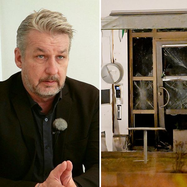 Tredelad bild. Vänster: polis vid brottsplats, höger: krossat fönster i ett rum.
