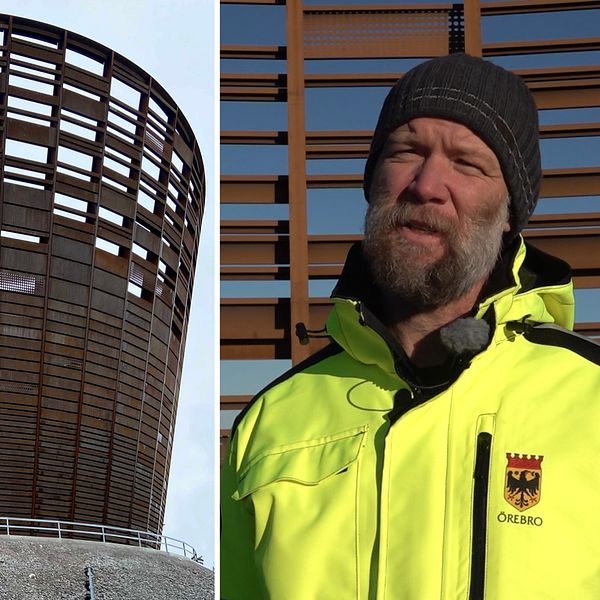 Tvådelad bild. Vänster: Kopparklädd byggnad. Höger: Person i gul jacka med kommunens logotyp.