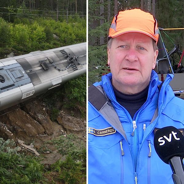 Två bilder, urspårade SJ-tåget samt Stefan Carneros.