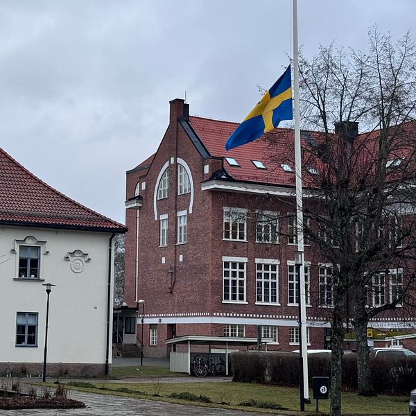 Två äldre byggnader i en tätort under en gråmulen himmel, med svenska flaggan hissad på halv stång, vilket ofta indikerar sorg eller ett officiellt sorgebesked.