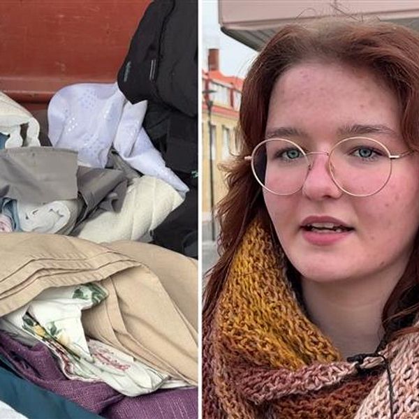 Två bilder: Till vänster kläder i en container på återvinningscentral i Lycksele. Till höger tjej i stadsmiljö som tycker till om hanteringen av textilavfall.