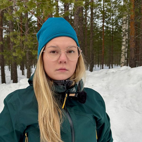 En person klädd i mörk jacka och blå mössa står i ett snöigt skogslandskap med tallar i bakgrunden.