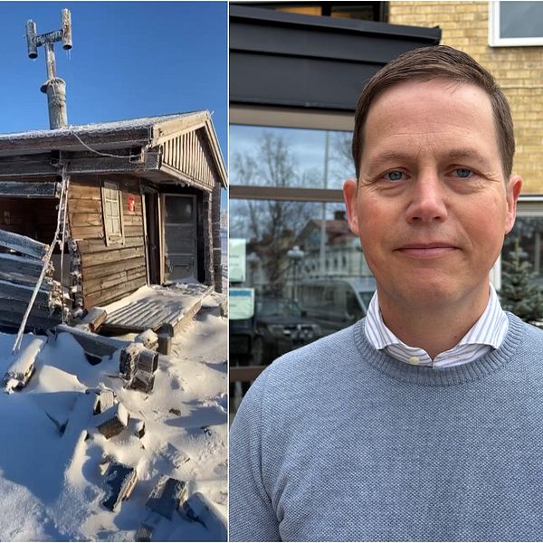 Tredelad bild. Vänster: snötäckt inomhusmiljö. Mitten: raserade vindskyddet på Lillfjället. Höger: person utanför tegelbyggnad.
