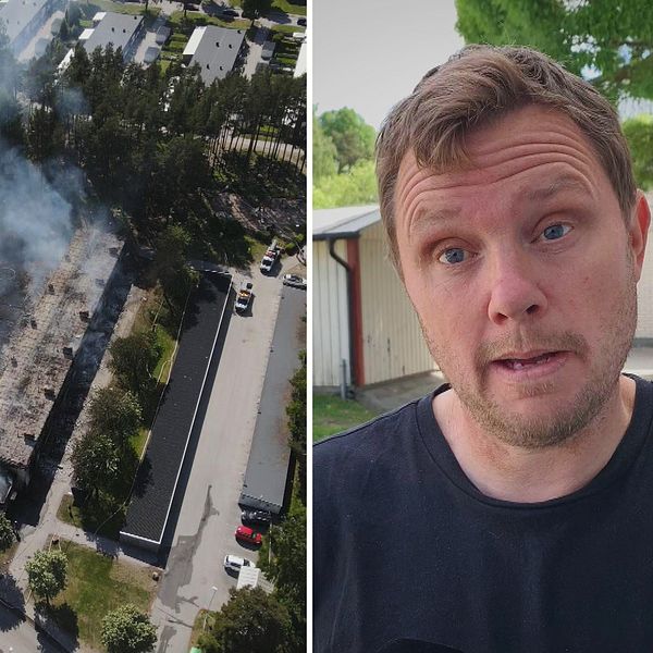 Två bilder: Vy över branden samt Gavlegårdarnas Markus Strömbergsson.