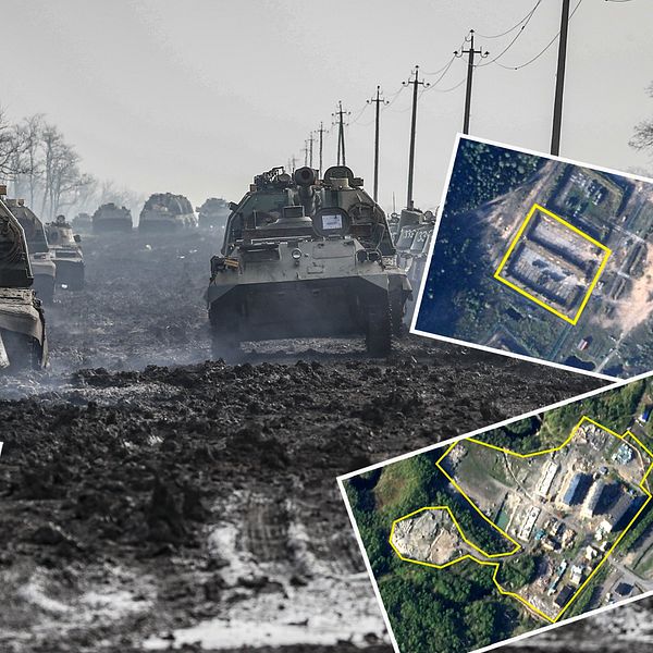 Ryska militärfordon på lerig väg, med satellitbilder över upprustning i Sverige närområde