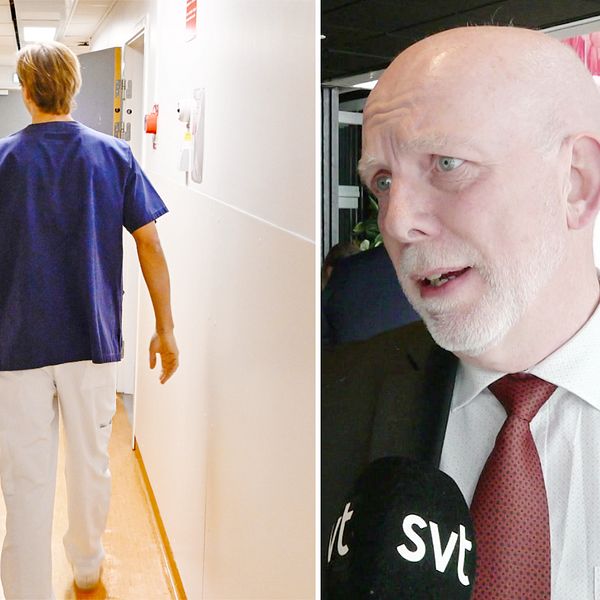 Två läkare i en korridor och regionrådet Anders Öberg (S).