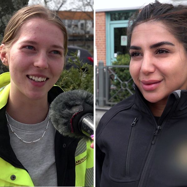 Tre kvinnor med uppsatt hår ler och svarar på frågor i mikrofon.