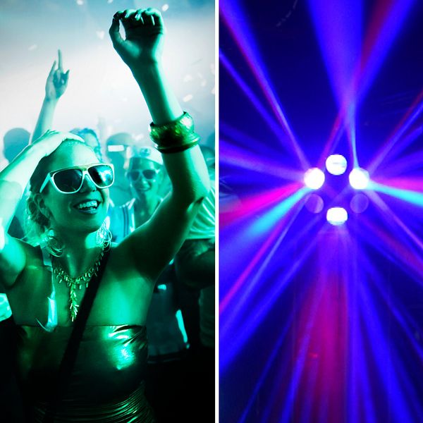 En delad bild som visar tre olika scener. Den vänstra sektionen visar en cocktail med en skiva lime som dekoration, omgivet av suddiga ljuspunkter. Den mellersta sektionen visar en fest där människor dansar, med fokus på en person som har händerna i luften. Den högra sektionen visar starka ljusstrålar i blått och lila, vilket skapar en festlig atmosfär.