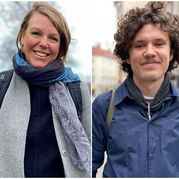 Tredelad bild. Till vänster: personer förbereder mat i kök. I mitten: person med blå halsduk. Till höger: person med blå jacka utomhus.