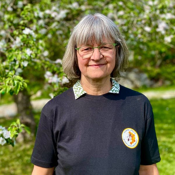 En bild på en gråhårig kvinna, Hanne Uddling, som står ute i naturen.