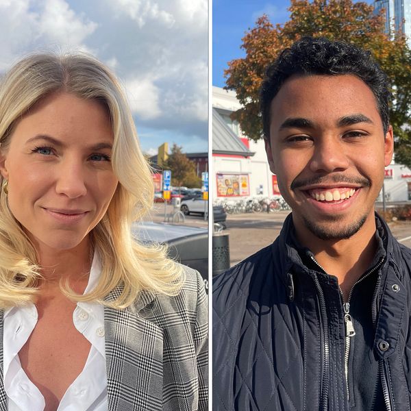 Tre personer poserar utomhus mot en bakgrund av en blå himmel med några moln. Den första personen har lockigt hår och bär en svart tröja med guldsmycken. Den andra personen har långt, blont hår och är klädd i en grå rutig blazer. Den tredje personen har mörkt hår och blackar en navy-blå jacka.