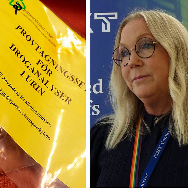 En delad bild som visar två sektioner. Till vänster syns provtagningskit i en röd och en gul påse med text på svenska, där den gula påsen tydligt anger ”PROVTAKNINGSSET FÖR DROGANALYSER URIN”. Höger sektion visar NKT:s HR-chef Ann-Charlotte Ramström med långt, ljust hår som står vid en informationsskylt.