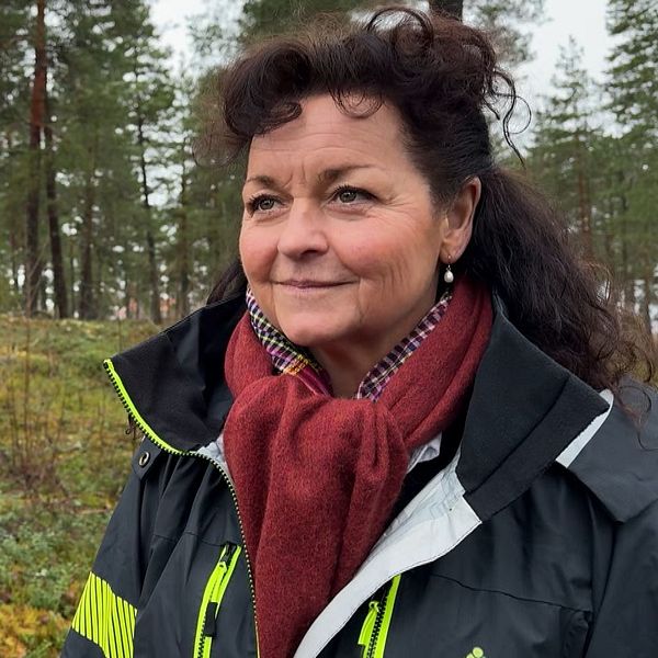 En person står i en skogsmiljö, klädd i en mörk jacka med ljusa detaljer och en röd halsduk. Skogen består av höga tallar och marken är täckt av mossa och låg vegetation.