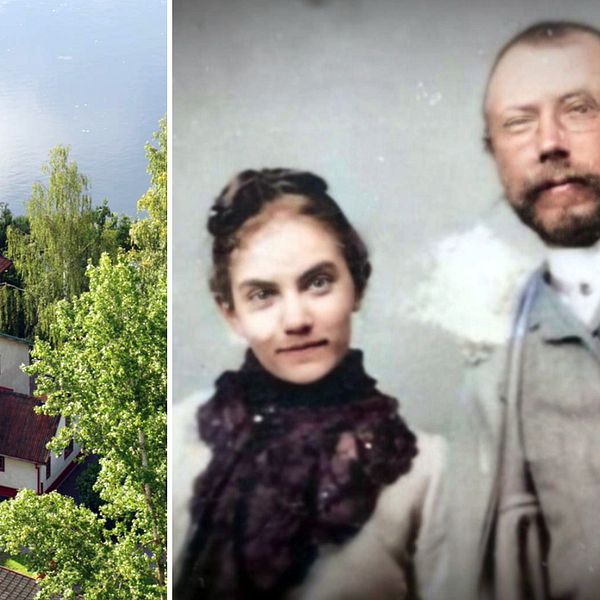 En bild från ovan av Lilla Hyttnäs i Sundborn och en porträttbild av Karin och Carl Larsson.