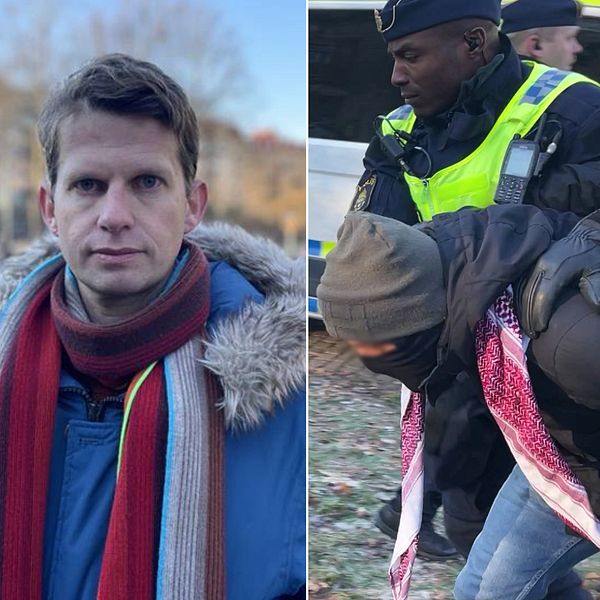 Bild med tre sektioner: den vänstra visar en grupp människor som håller upp flaggor och deltar i en demonstration; den mittersta sektionen visar en person klädd med en halsduk och jacka, som verkar fokuserad på omgivningen; den högra sektionen visar en man som förs bort av polis, med säkerhetsutrustning och ledande av en konfrontation.