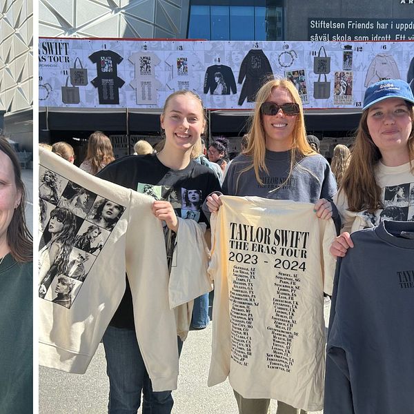 Fans köar till Taylor Swift-merch utanför Friends Arena i Solna.