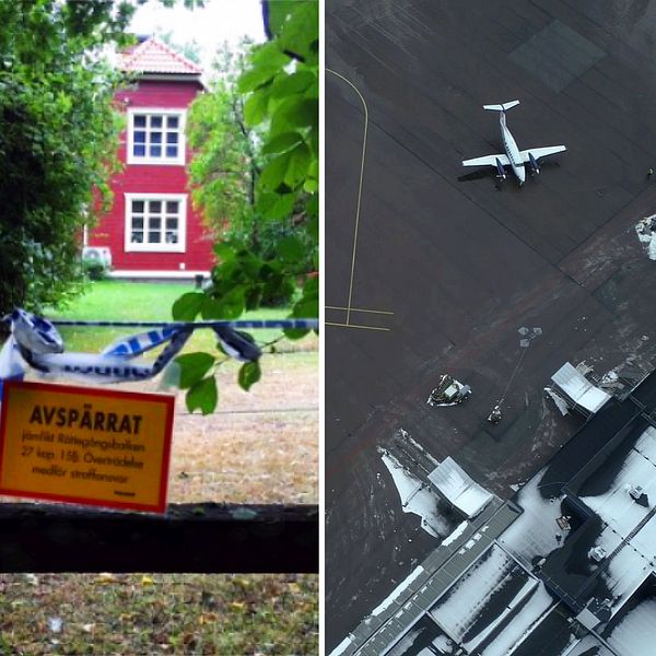 Tredelad bild. I mitten: avspärrningsskylt och röd byggnad. Till höger: flygplats med ett flygplan.