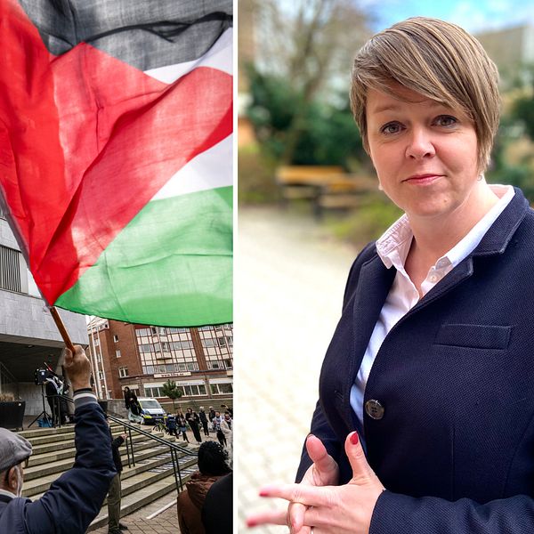 Stadshuset i Malmö där Palestinska flaggor viftas.