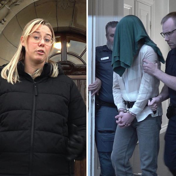 En delad bild som visar tre sektioner. Den första sektionen visar flera knivar, inklusive en med en rostig blad, med etiketter. Den andra sektionen visar en person i en svart jacka, som står i en offentlig miljö. Den tredje sektionen visar en annan person klädd i ljusa kläder, med en grön huva över huvudet, som leds bort av två poliser.