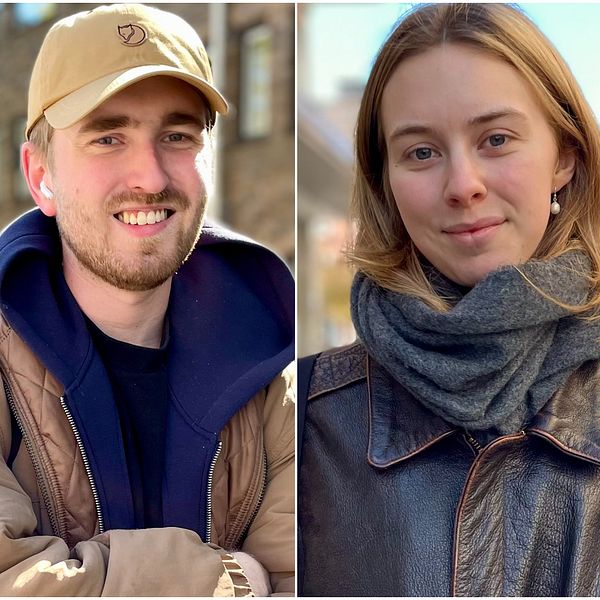 Tredelad bild. Tre unga personer utomhus i olika vinterkläder, två med långt ljust hår.
