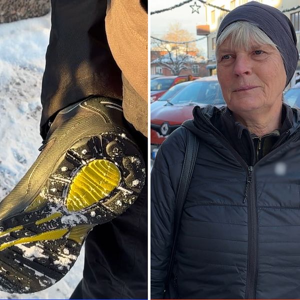 Två personer står och blir intervjuade, en visar upp sina skosulor med inbyggda broddar